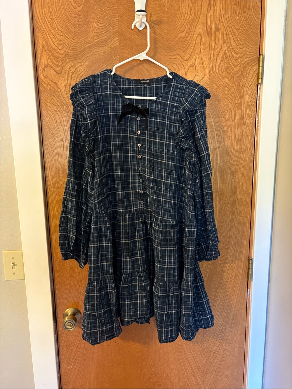 Madewell 99% Cotton Plaid Long-Sleeve Ruffle Tiered Dress
